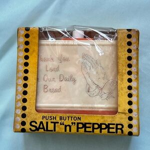 NEW 1970s Whirley Push Button Salt And Pepper Shaker Thank You Lord Daily Bread
